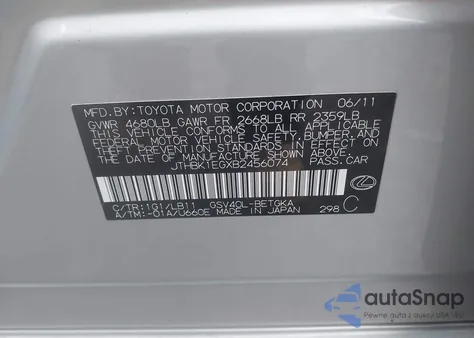 2011 Lexus Es 350 z USA, uszkodzony, nr VIN JTHBK1EGXB2456074